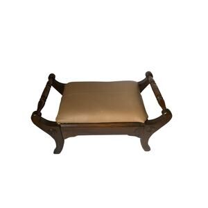 Vintage 2 Handle Footstool Elias Esbanshade 12/87 Brown Wood Beige Leather